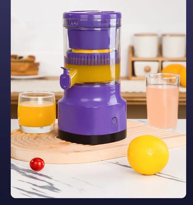 Purple USB rechargeable electric citrus juicer with cone-shaped filter and 400ml capacity container