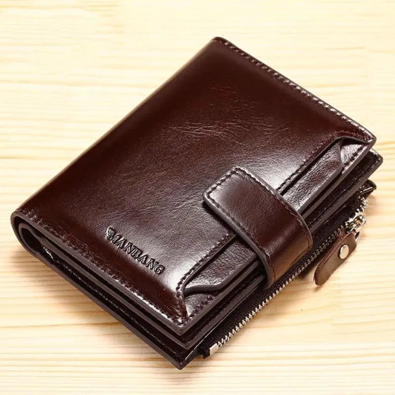 Men's brown first layer cowhide leather wallet, 12.5 x 9.5 x 1.5 cm, lock opening, square vertical card holder.