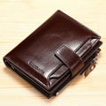 Men's brown first layer cowhide leather wallet, 12.5 x 9.5 x 1.5 cm, lock opening, square vertical card holder.