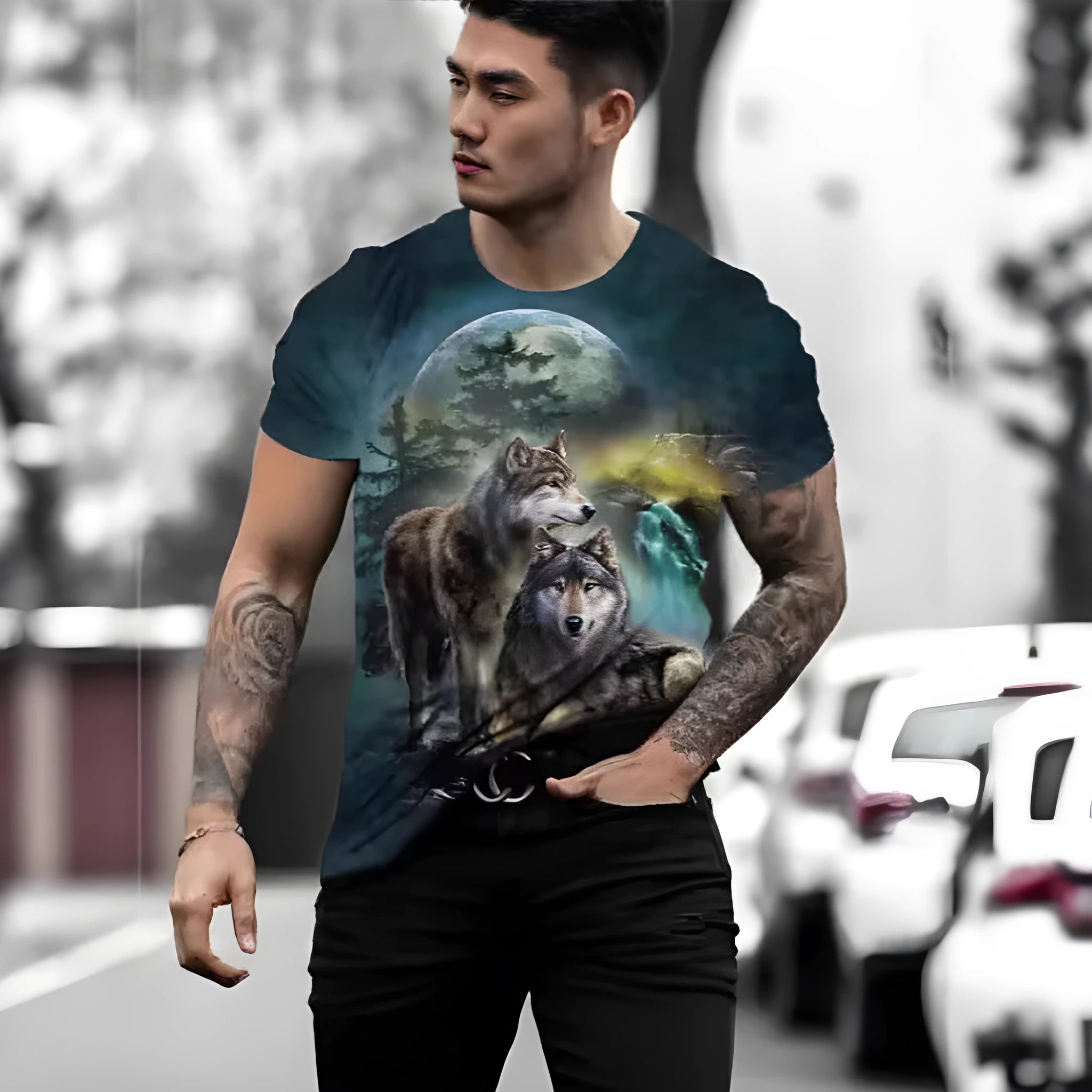 Men's grey short-sleeved T-shirt with a colourful retro 3D digital print of a wild animal on the front.