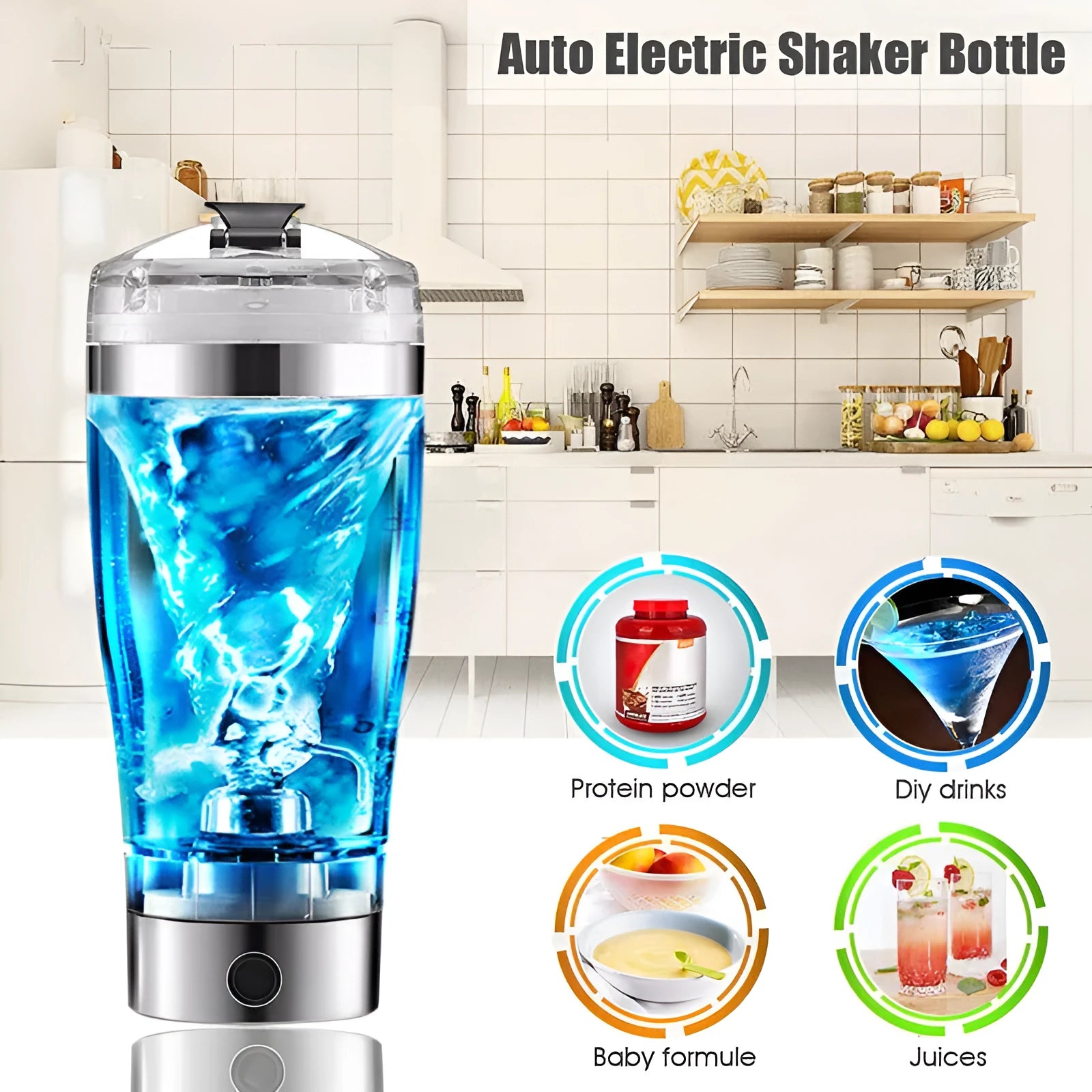 Stainless steel coloured electric shaker bottle with USB charging port for mixing protein shakes.