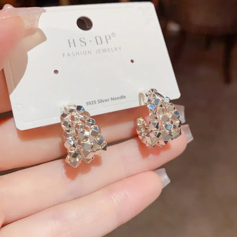 Multi-layer ear ring pair in copper with real gold plating, gold or silver tone, geometric ring design