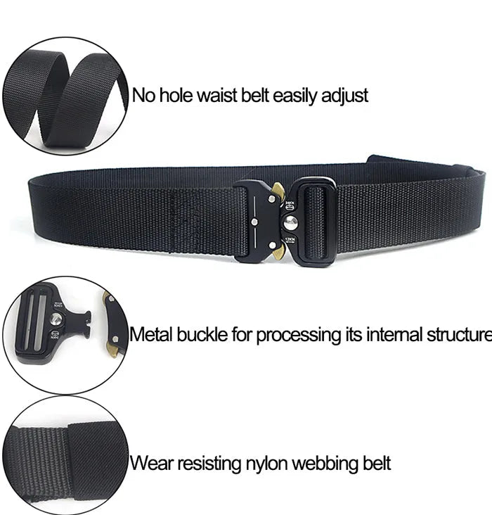Cobra buckle tactical belt in nylon and zinc alloy, 125cm x 3.8cm, shown in Army Green, Black, and Khaki