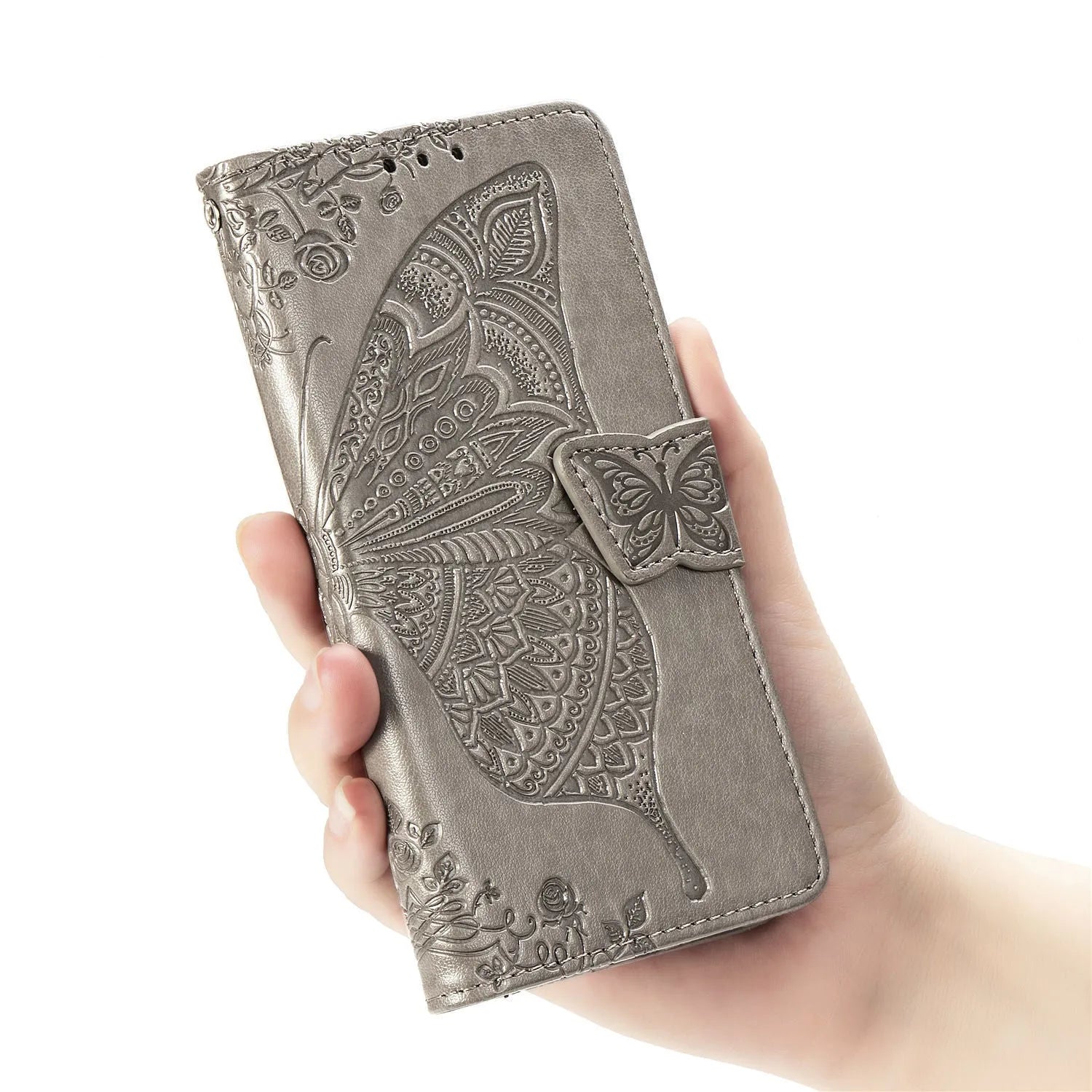 Flower butterfly embossed TPU phone case for Samsung, black colour, clamshell style