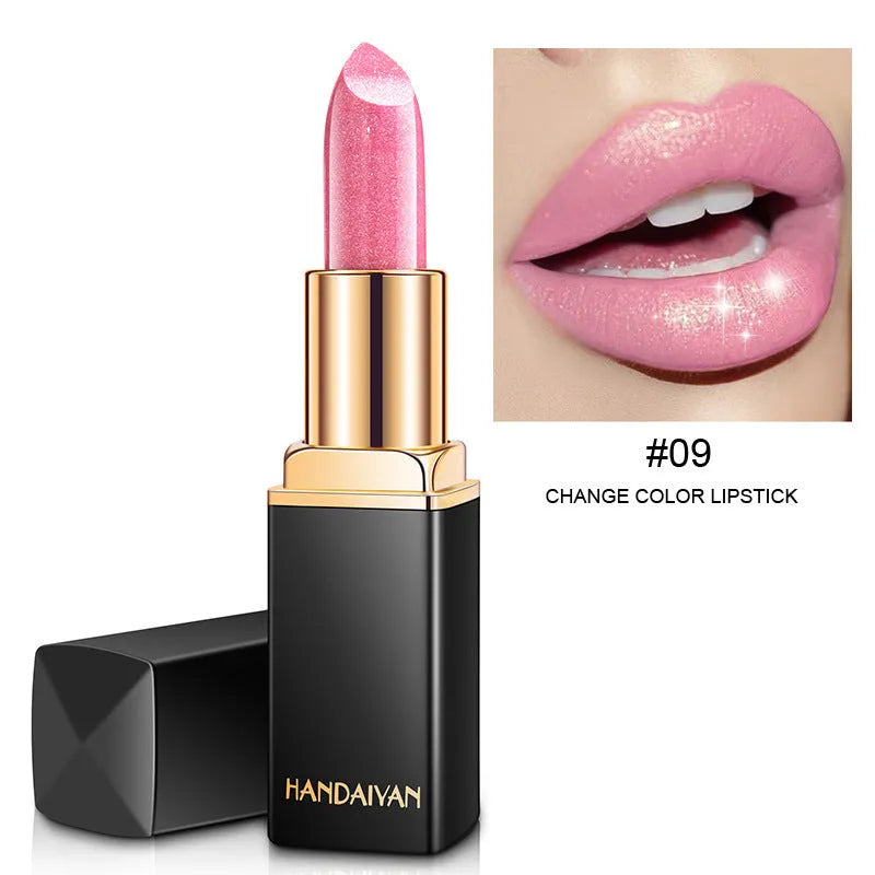 Pearlescent colour change temperature change lipstick with colour-shifting finish