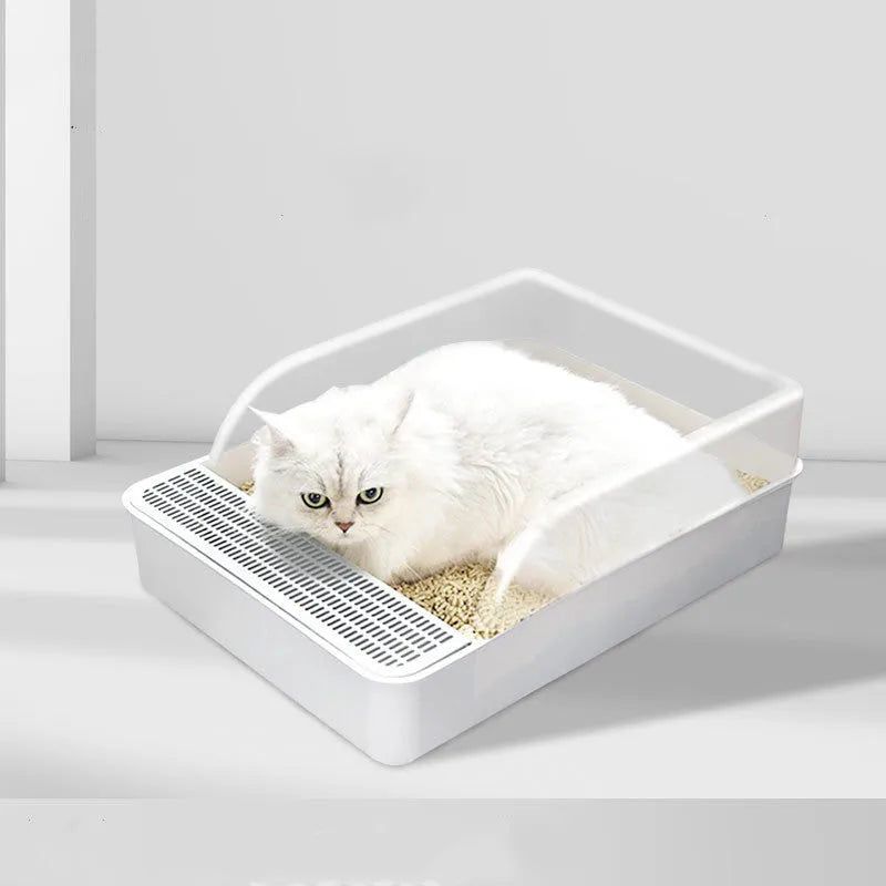 White semi-enclosed PP plastic cat litter box, size S, 41.7x28x17cm, on a tiled floor