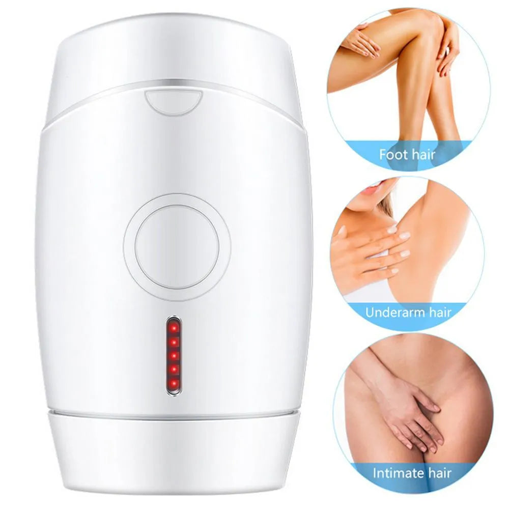 White home laser hair removal instrument with display, shown next to its power adapter and box.