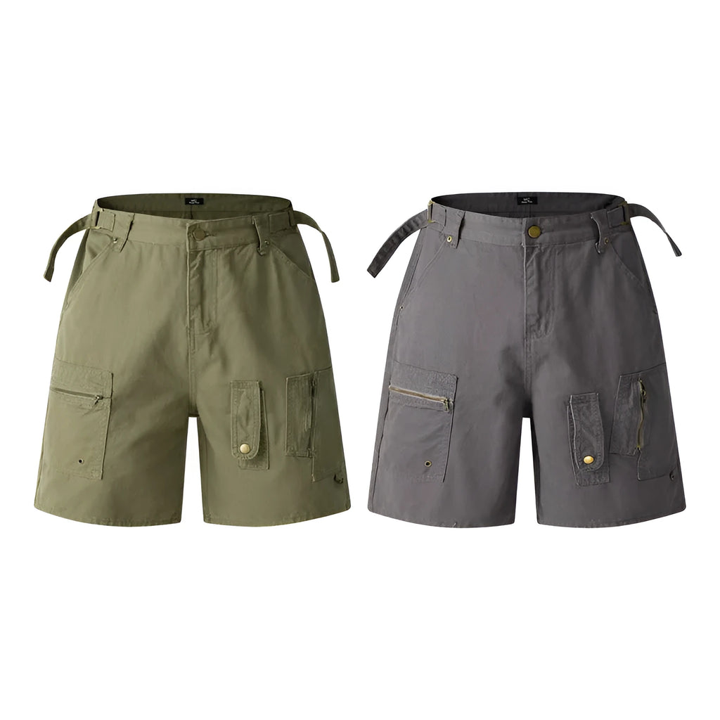 Retro-style workwear shorts with zipper and half elastic waistband in washed cotton fabric