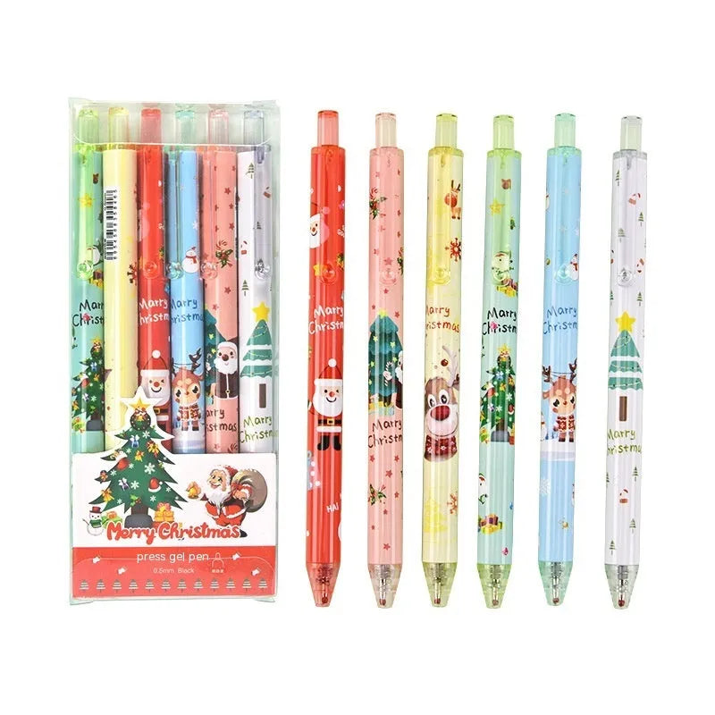 Christmas reward gift press gel ballpoint pen set with six black ink refills in plastic shells