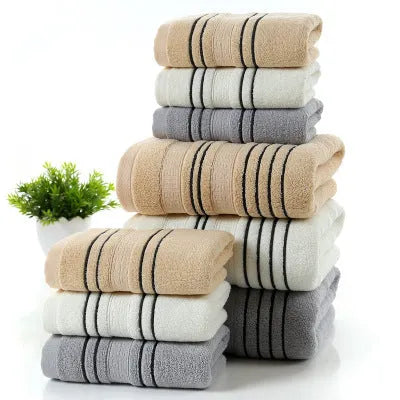 Pure cotton bath towel and hand towel set in neutral colours with yarn-dyed fabric construction