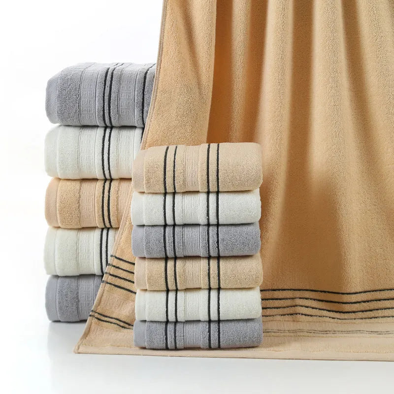 Pure cotton bath towel and hand towel set in neutral colours with yarn-dyed fabric construction