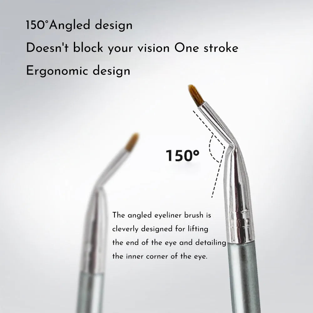 Angled bend head eyeliner brush with wooden handle for under eye and tear trough makeup application