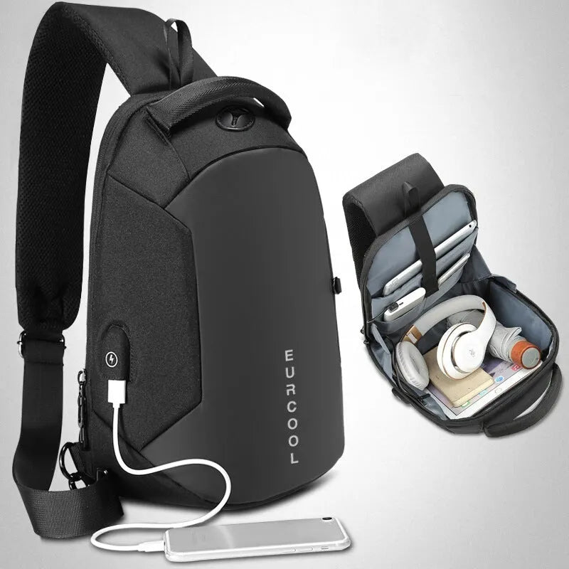 Men's black Oxford crossbody bag with USB charging port and multiple zipped pockets.