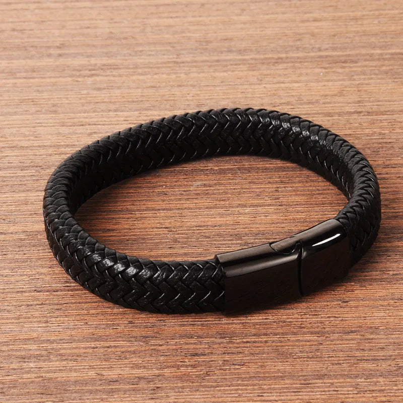 Classic men's genuine leather bracelet in black with 20.5cm length on a neutral background