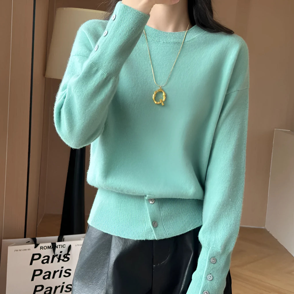 Women's French-style button split turtleneck sweater in wool, thick knit, 50cm length, mint green caramel brown purplish red raw velvet rice, sizes M L XL.