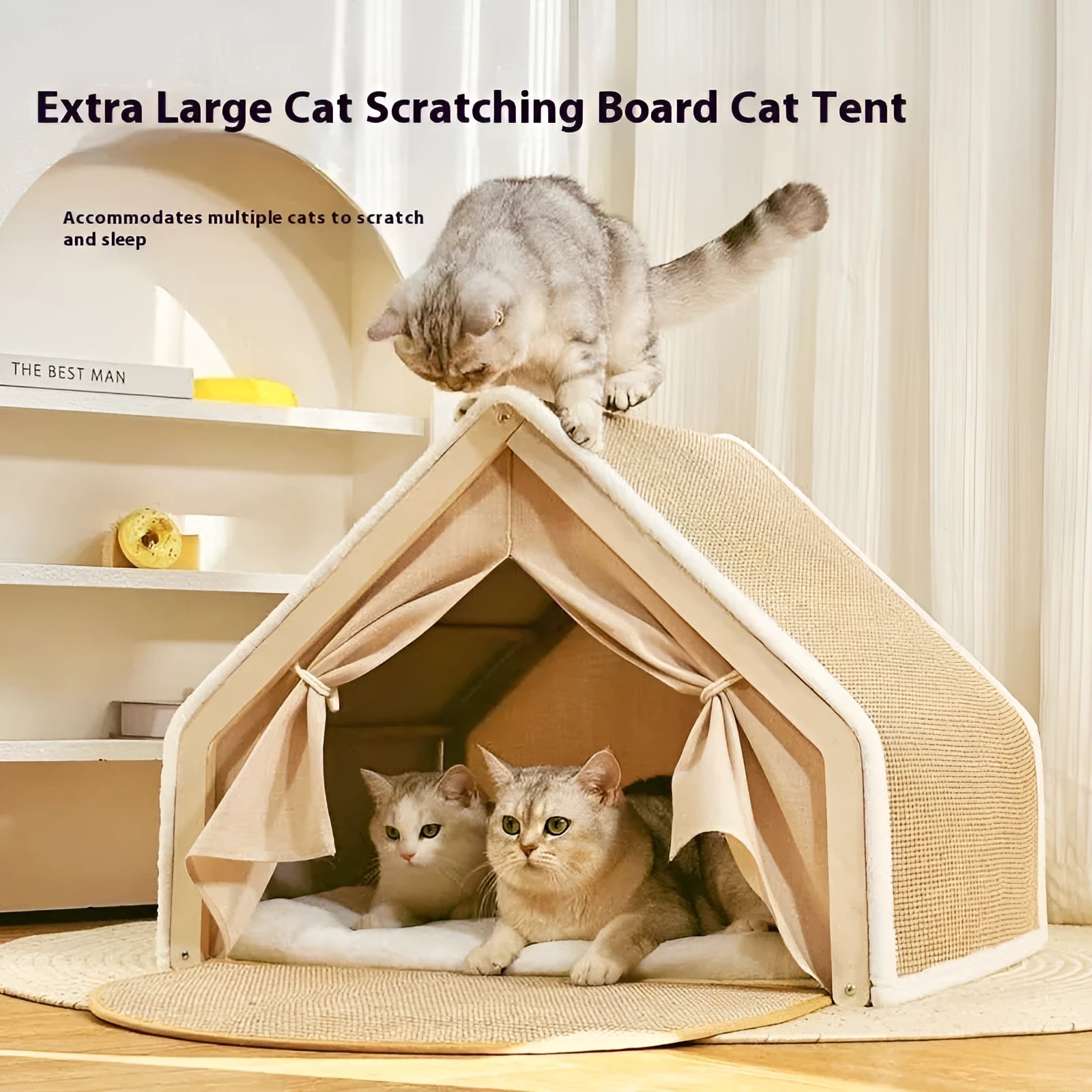 Large sisal cat tent with solid wood frame indoor cat scratch board house villa
