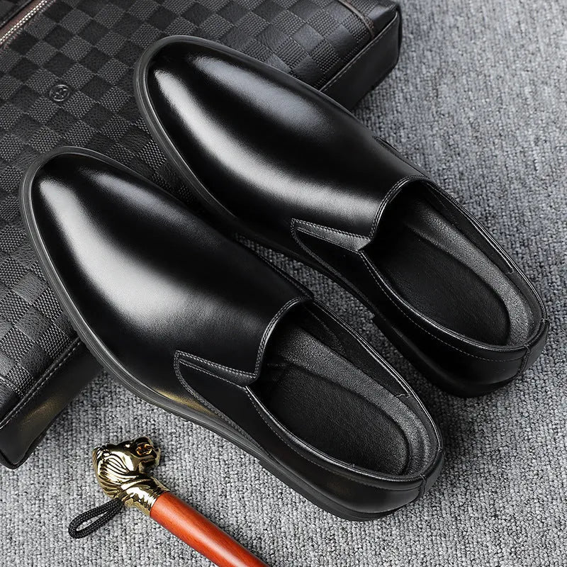 Men's black business casual slip-on shoes with leather upper and rubber sole