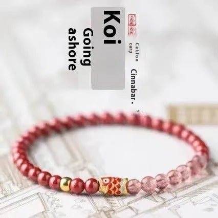 Purple cinnabar and strawberry quartz women's bracelet with lucky koi peach blossom charm