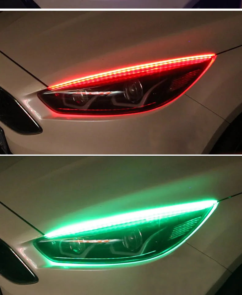 Remote control and flexible RGB LED daytime running light strip for cars in 30cm, 45cm, and 60cm sizes.