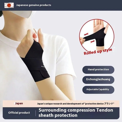 Adjustable black athletic wristguard shown on a wrist, suitable for sports like badminton and tennis.