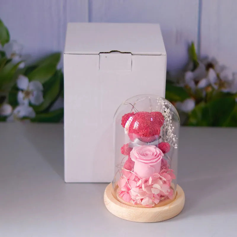 Preserved rose teddy bear ornament in glass dome with LED light, 11.5cm diameter and 16.8cm height