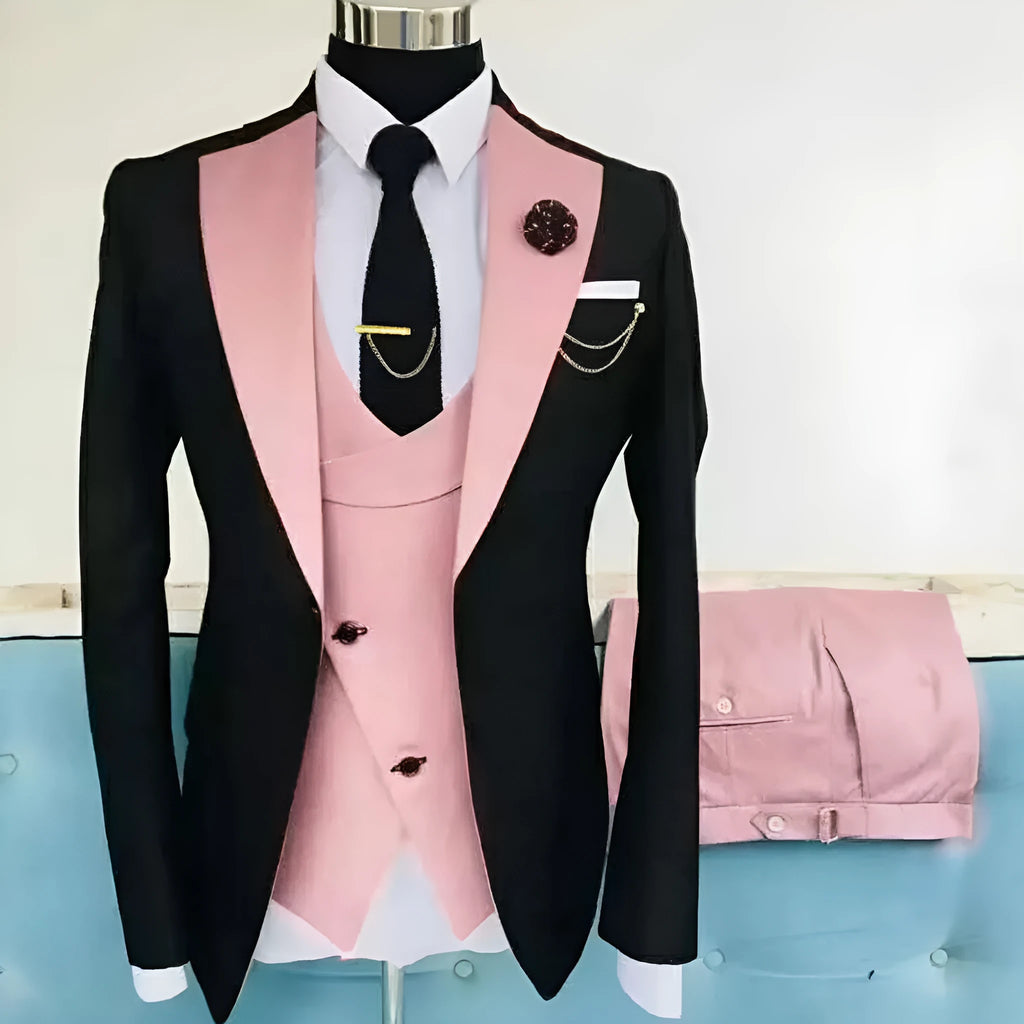 Men's slim fit three-piece cotton suit in black with coat, vest, and trousers