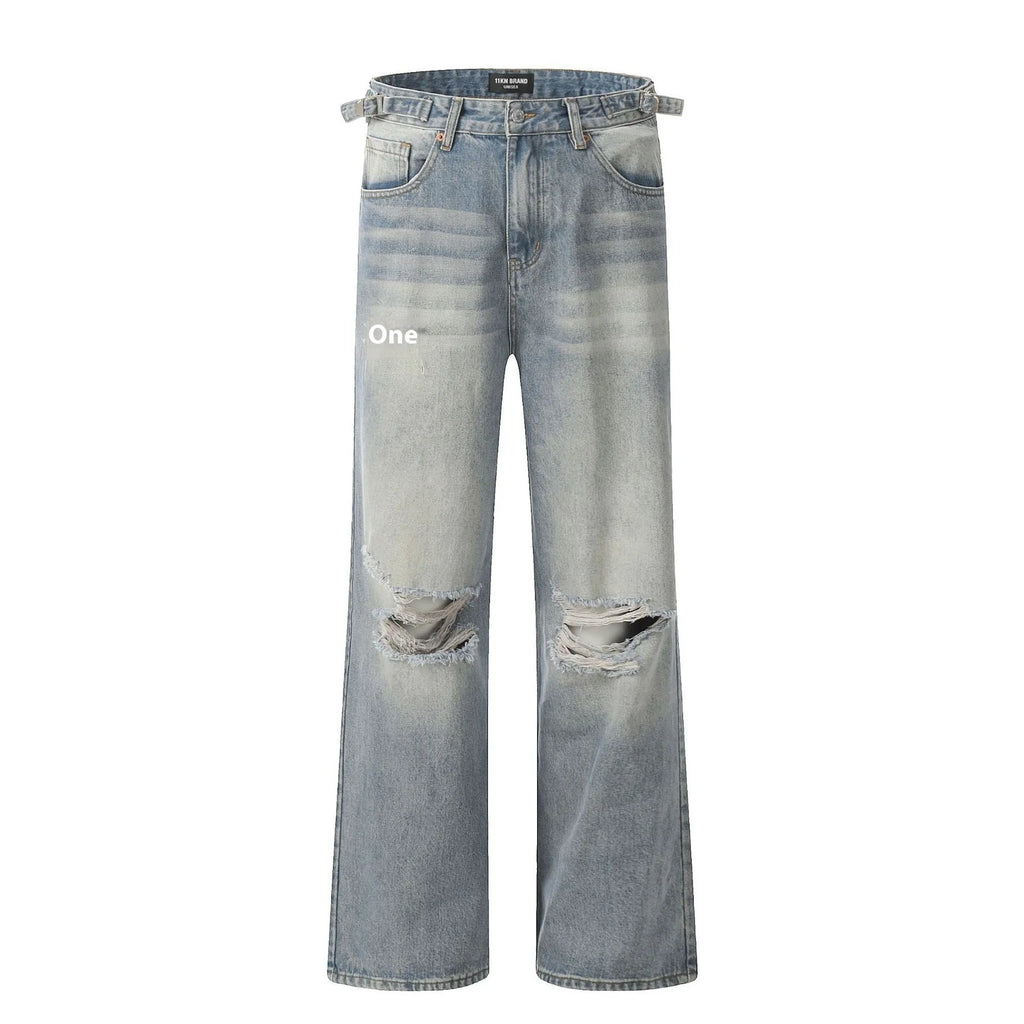 Men's blue straight-leg ripped jeans on a white background showing retro detailing and zip fly