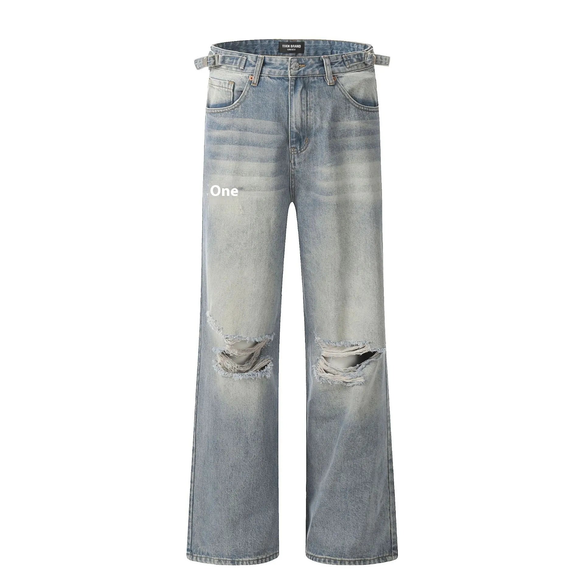 Men's blue straight-leg ripped jeans on a white background showing retro detailing and zip fly