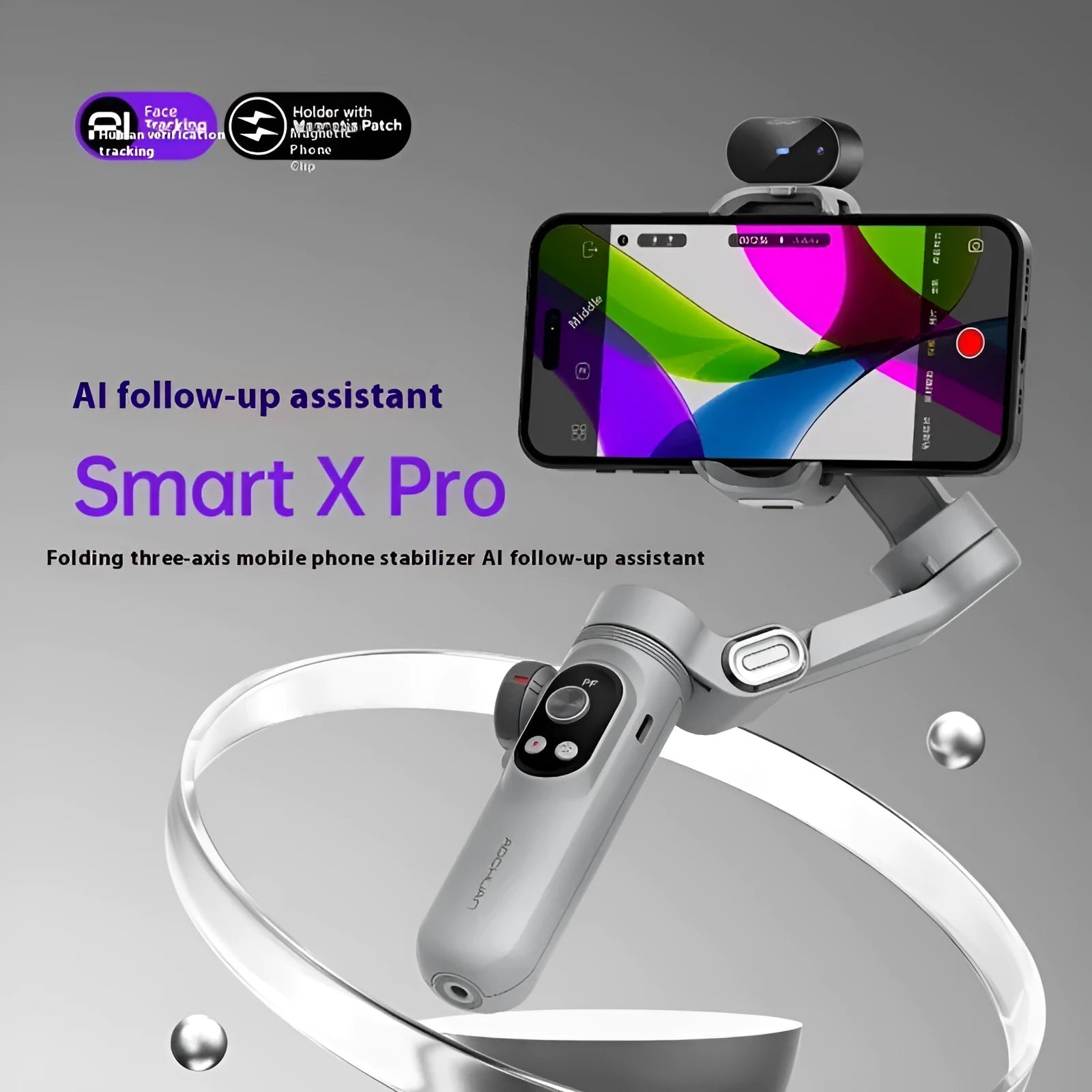 Black mobile phone stabilizer PTZ gimbal with AI tracking module and tripod on a flat surface