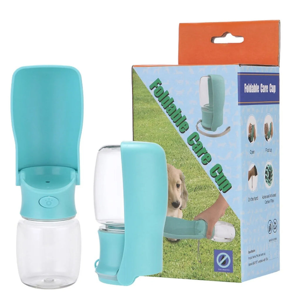 Blue foldable plastic dog water bottle shown in collapsed and expanded states, with 550ml capacity mark.