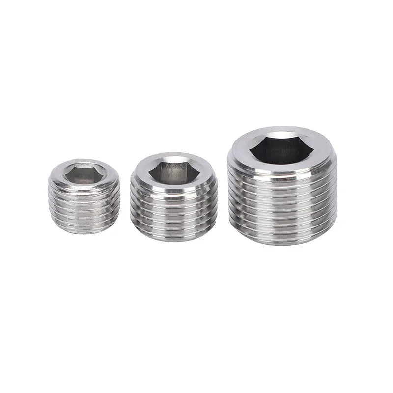 Stainless steel hexagon bulkhead pipe plug with external wrench flats for 3/8 inch series.