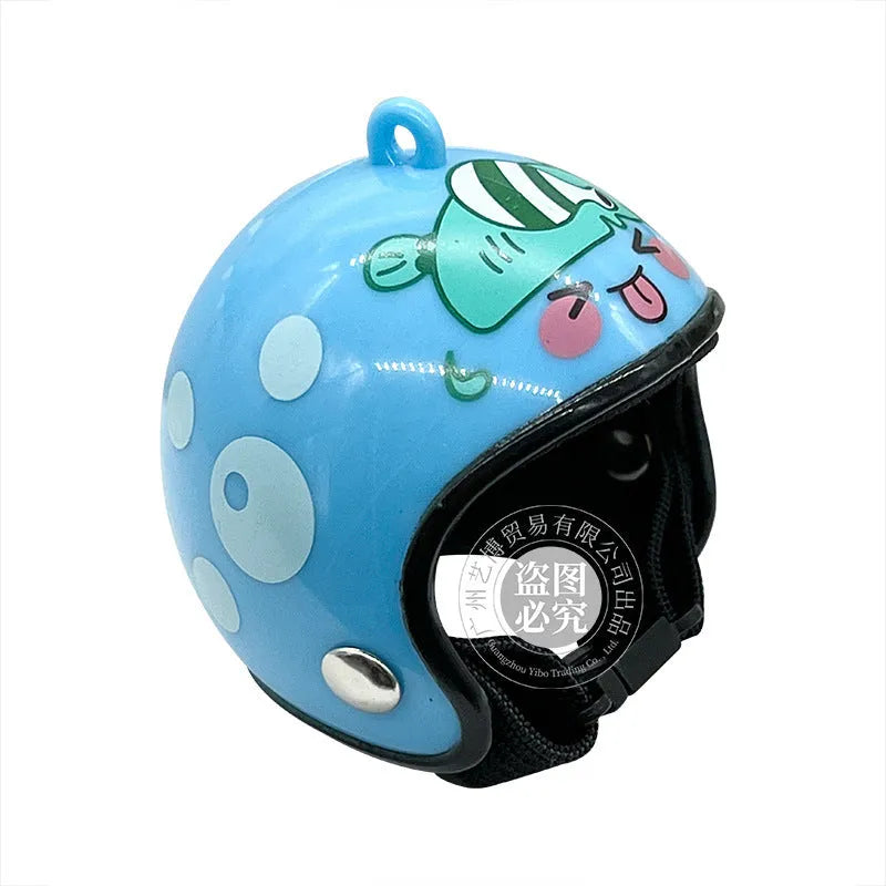 Small plastic chicken pet helmet in one of twelve designs including rainbow, plaid, or smiling face.