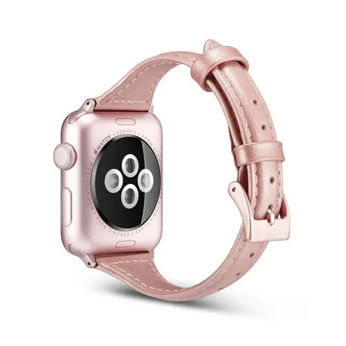 T-shaped thin genuine leather watch strap for Apple Watch 7th gen 41mm 45mm, adjustable metal buckle, 157-228mm wrist
