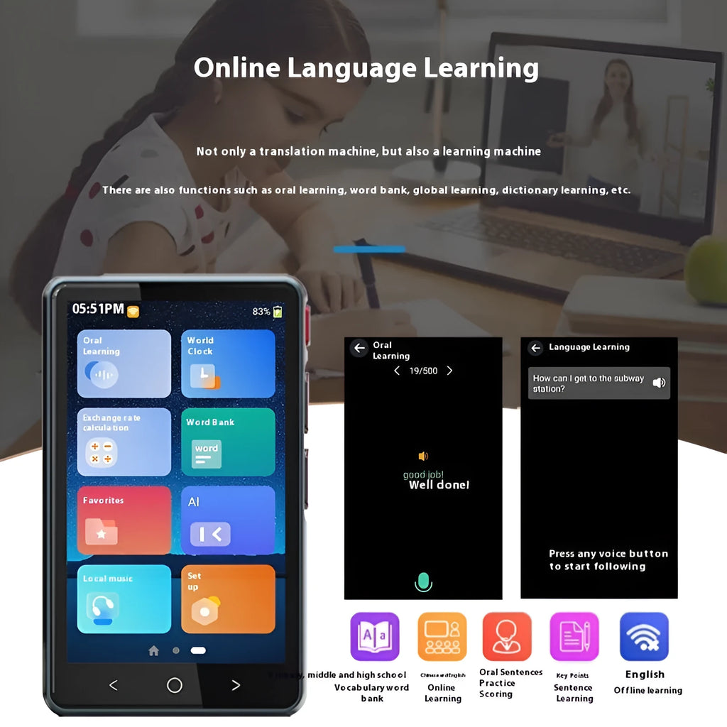 Intelligent offline language translating machine in P40 Black with touchscreen, USB charging, and compact plastic body