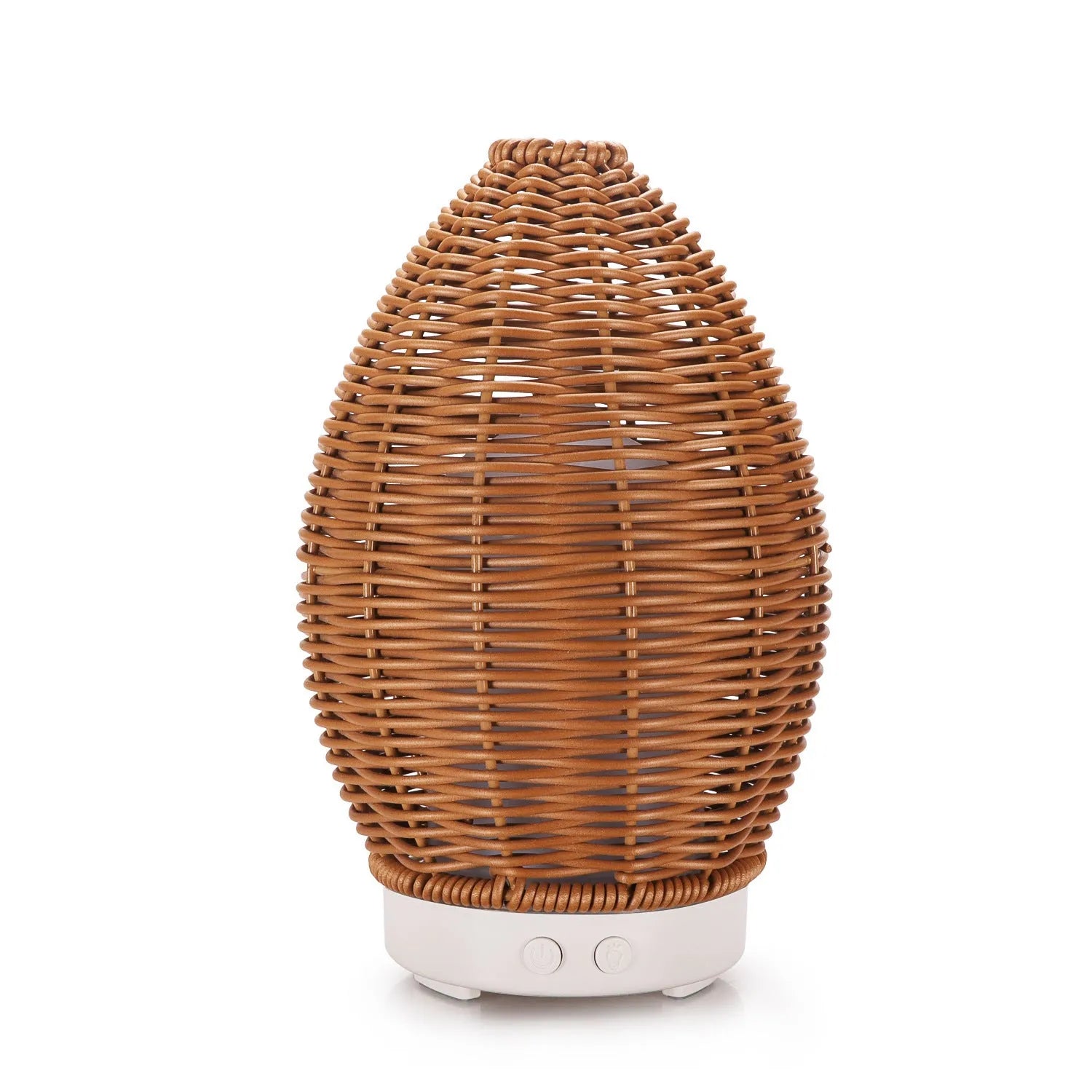 Hollow rattan aroma diffuser with light wood grain finish, showing 100ml water tank