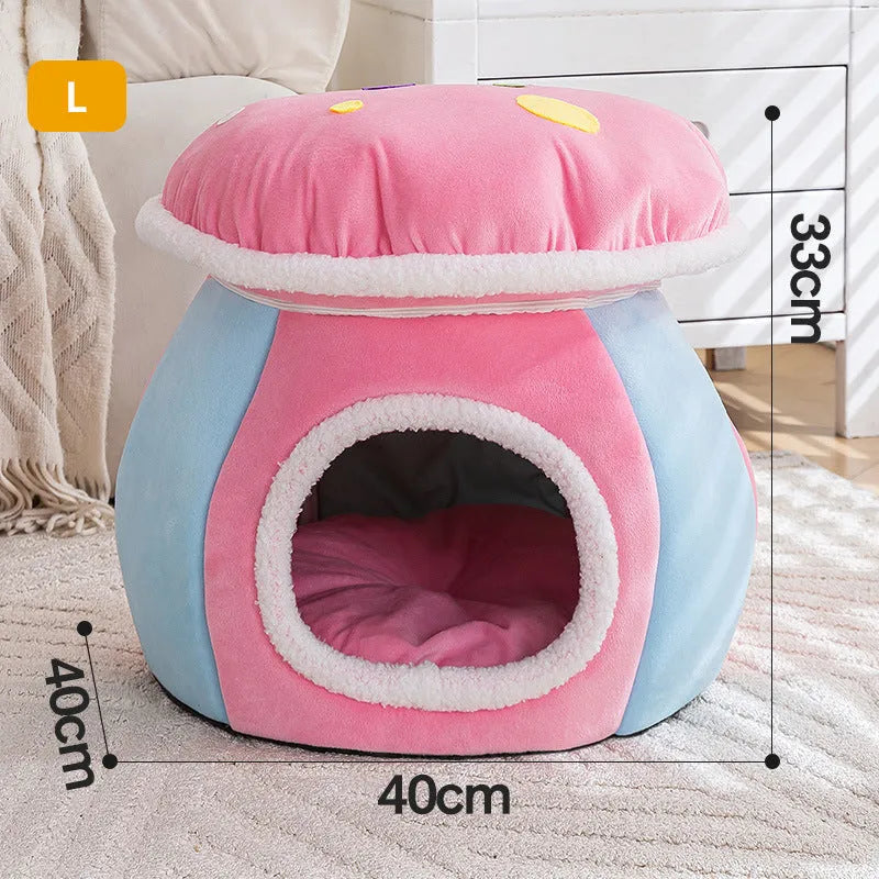 Grey mushroom-shaped plush cat bed with a detachable blanket and rabbit plush lining