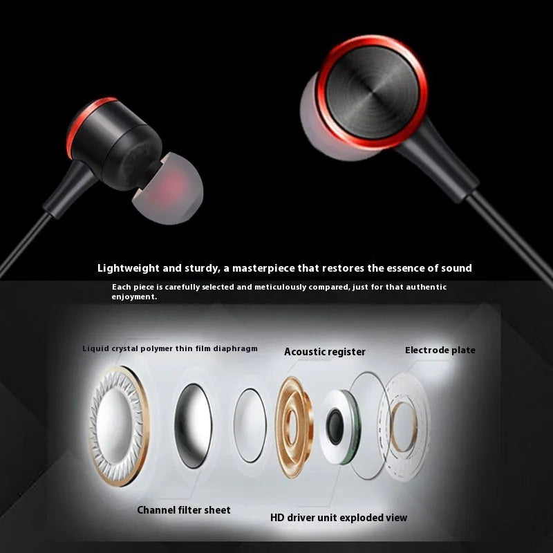 Wired in-ear gaming headset with 3.5mm plug, silicone ear tips, and built-in microphone, shown with storage box