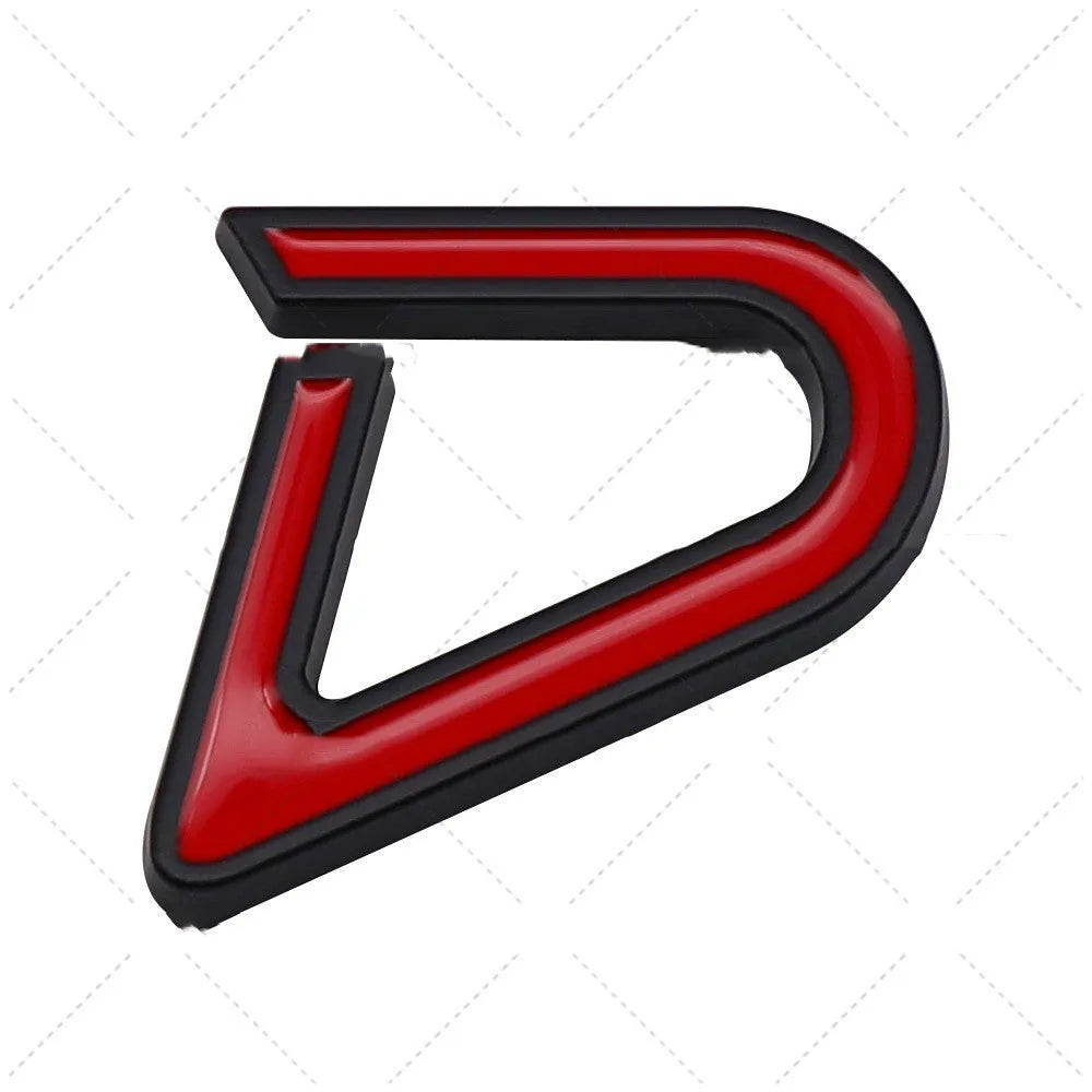 Metal decorative car bumper stickers showing SD, D and S patterns in red, silver and black colour combinations