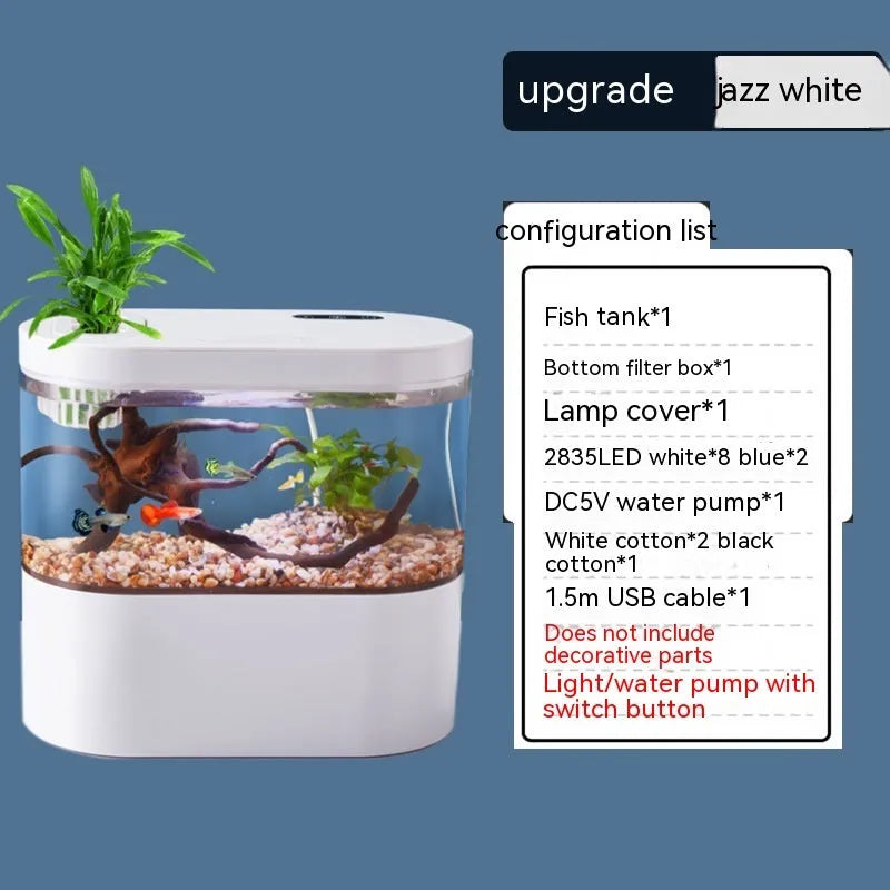 Desktop self-circulation mini aquarium with LED light and USB pump in black plastic