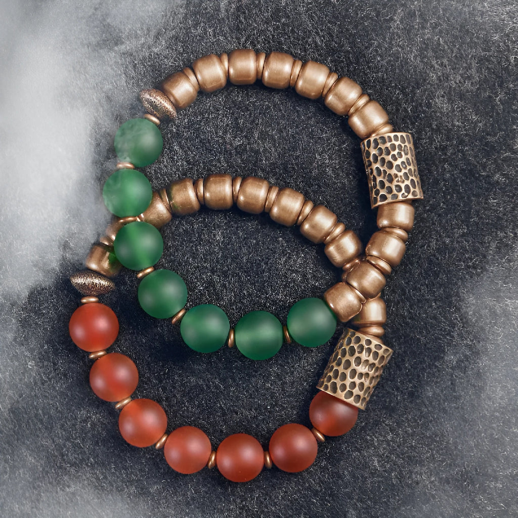 Retro ethnic style couples bracelet made from natural green agate beads on a wrist.