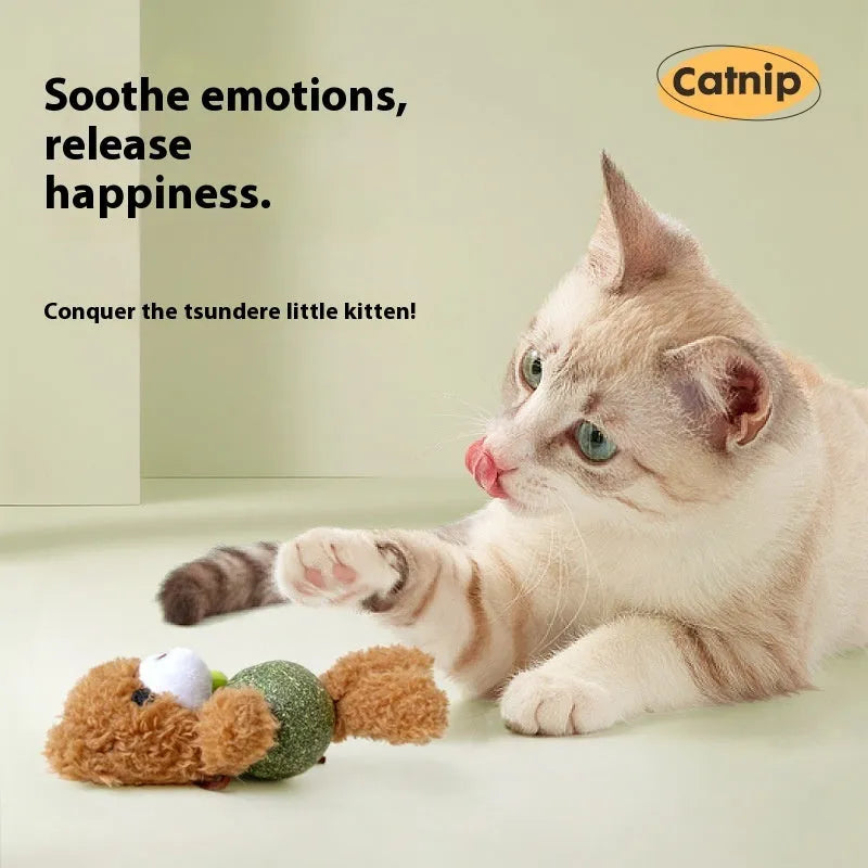 Plush catnip ball toy shaped like a small animal, showing dimensions and a mint-scented ball.
