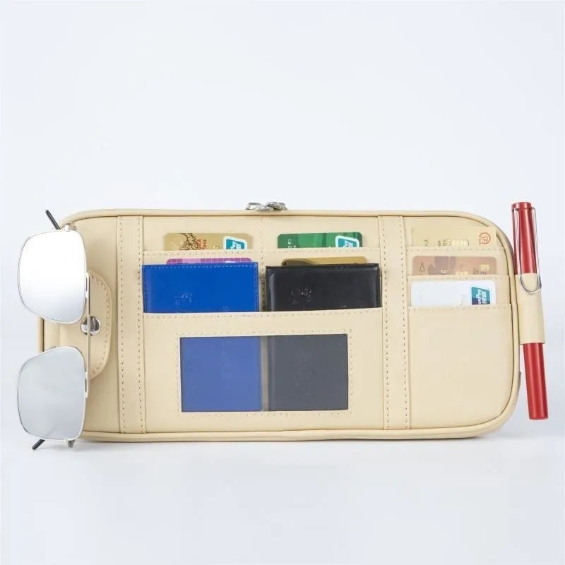 Car sun visor pocket organizer with acrylic plastic construction for storing cards and glasses