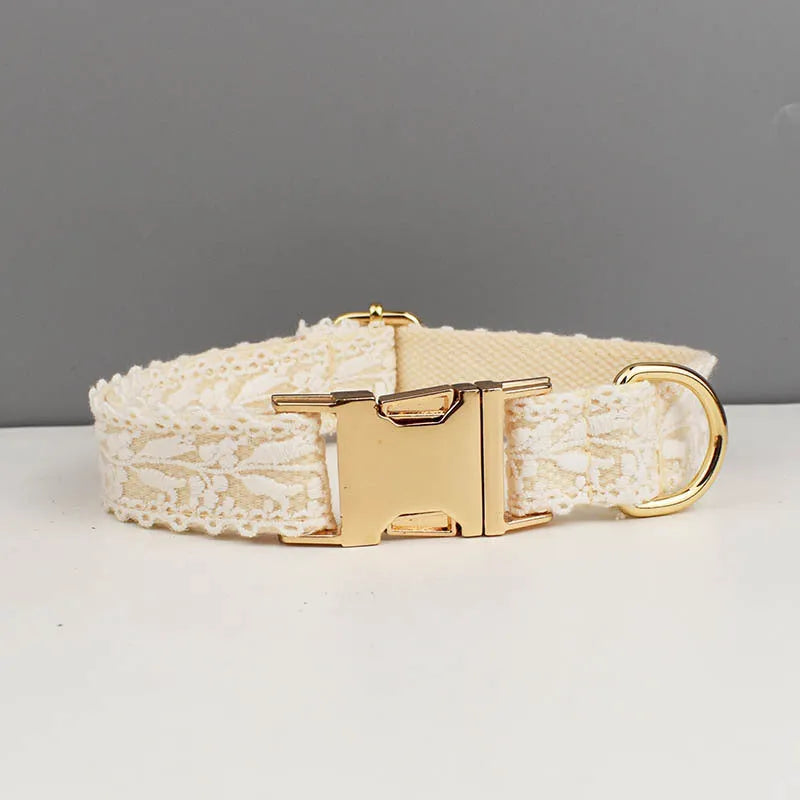Leaves and lace pattern dog wedding collar and leash set with vest and floral accessories on a white background.