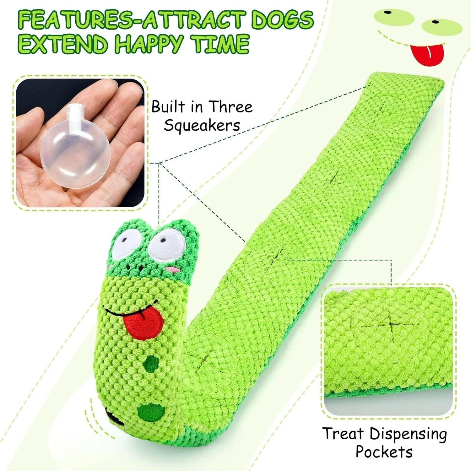 Plush velvet dog toy in transformable snail or stick shape with hidden treat holes.