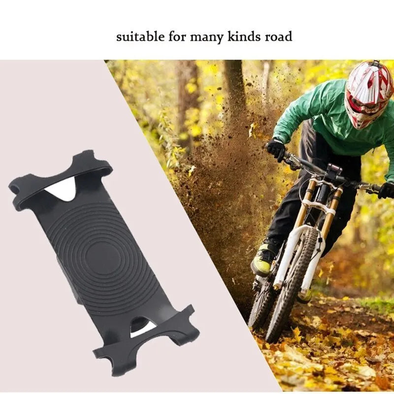 Adjustable silicone bicycle phone holder mounted on handlebar with smartphone secured