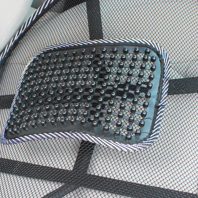 Black leather car lumbar support pillow measuring 41cm by 39cm