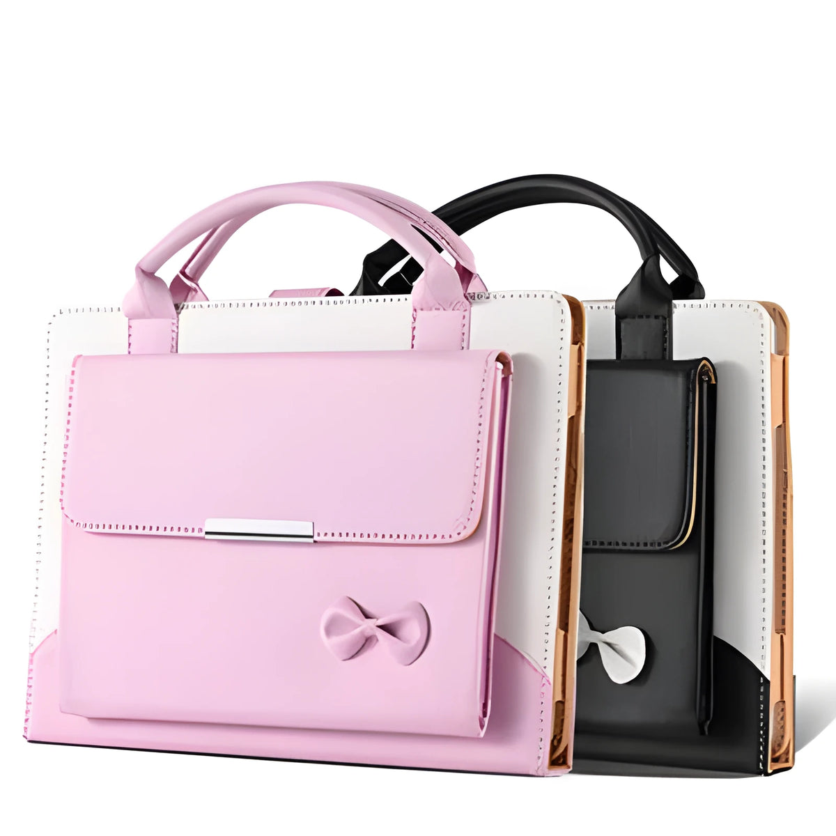 Imitation leather iPad case with bow handbag design, wallet style, sleep function, compatible with iPad mini, Air, Pro.