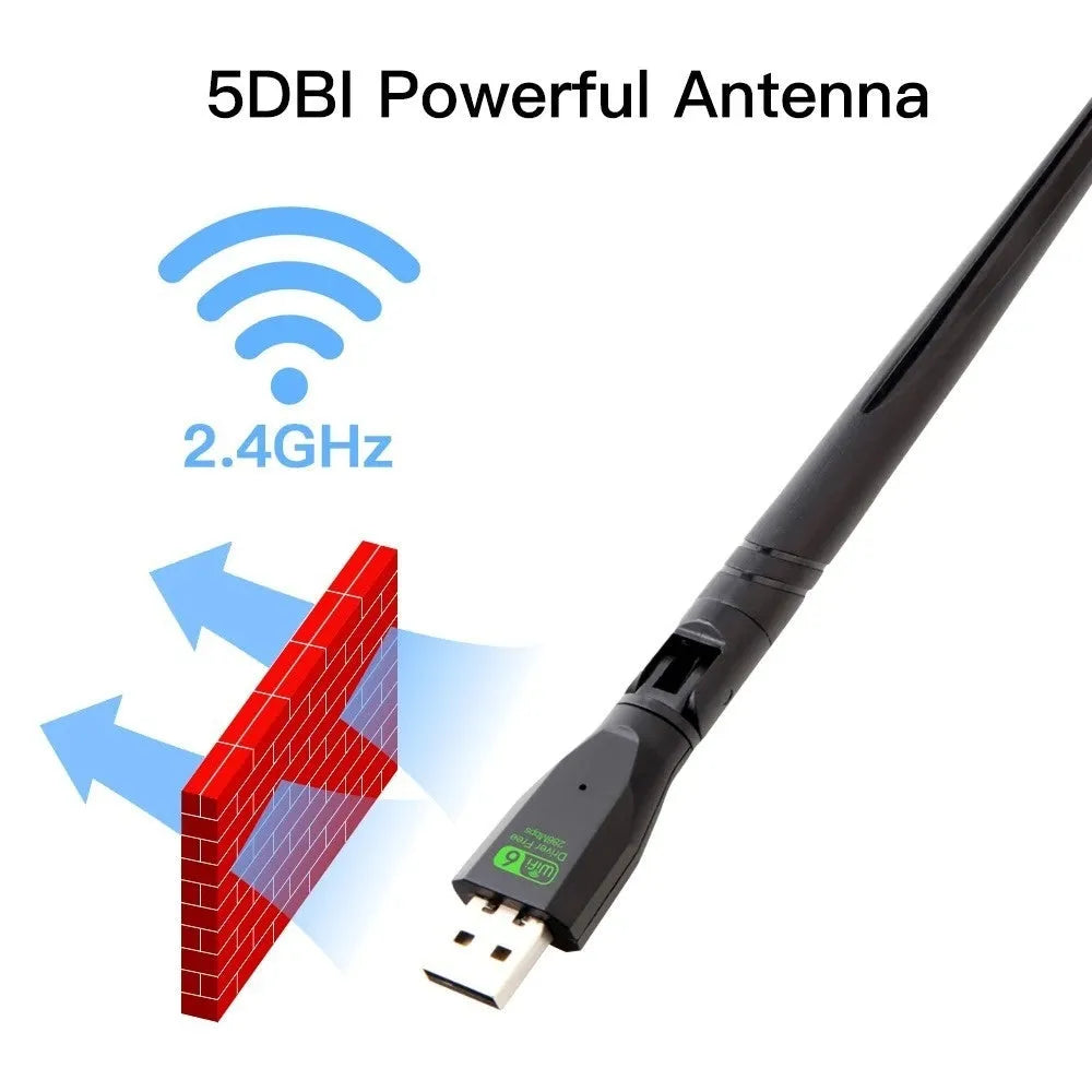 Black USB WiFi 6 wireless network card dongle for laptop and PC connectivity.