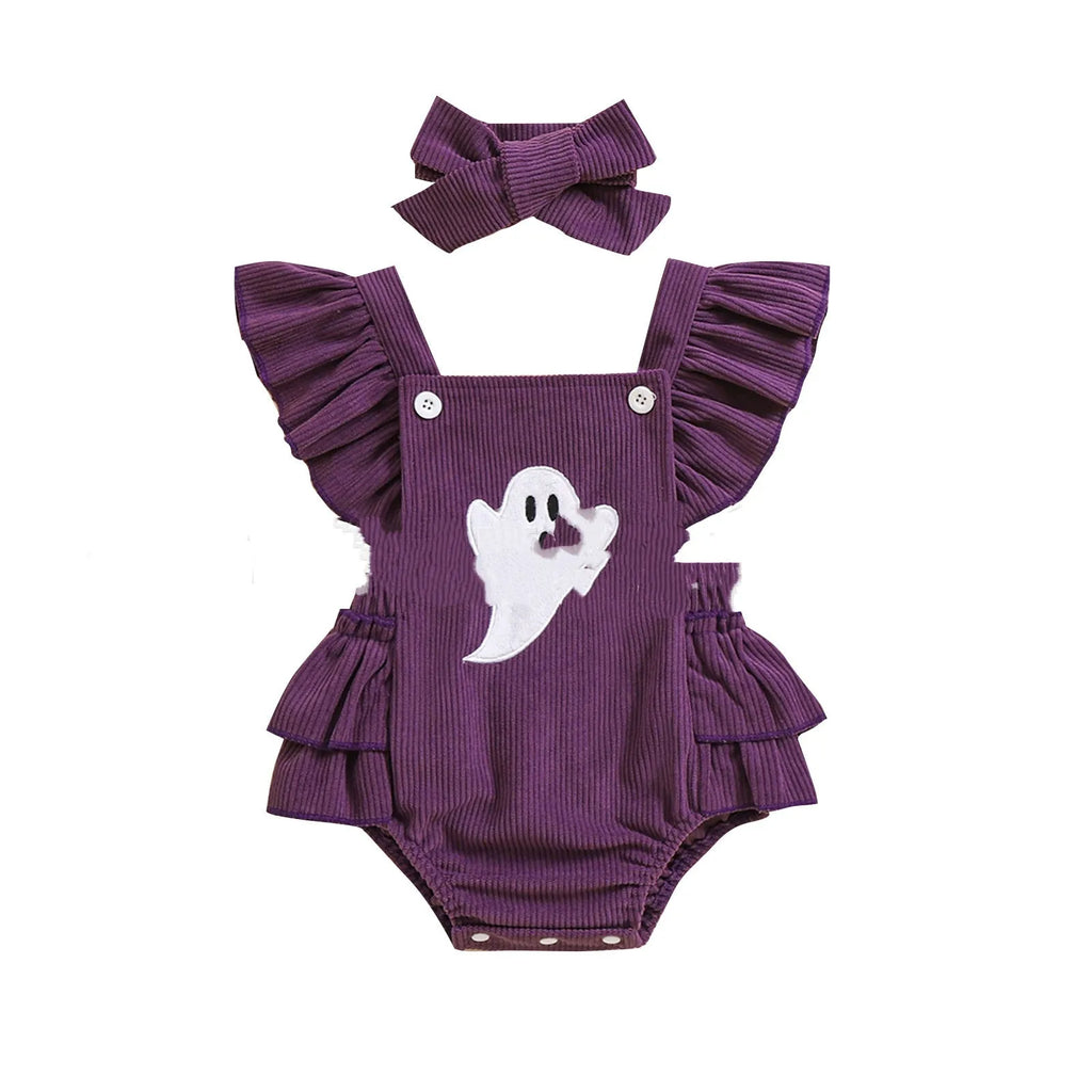 Purple Halloween toddler triangle jumpsuit with embroidered towel detail and hidden hook closure, sizes 70cm to 100cm.