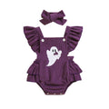 Purple Halloween toddler triangle jumpsuit with embroidered towel detail and hidden hook closure, sizes 70cm to 100cm.